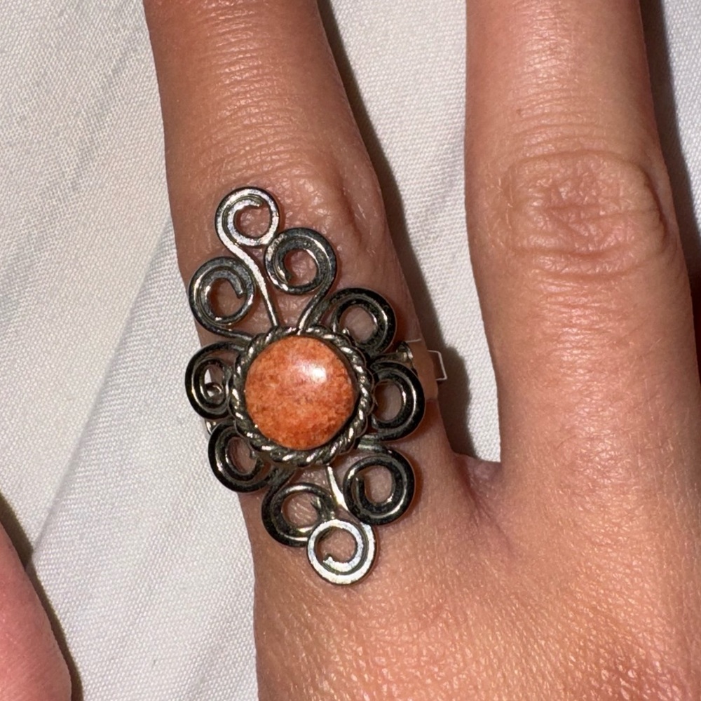 Spiral silver ring with orange/pink stone adjustable ring